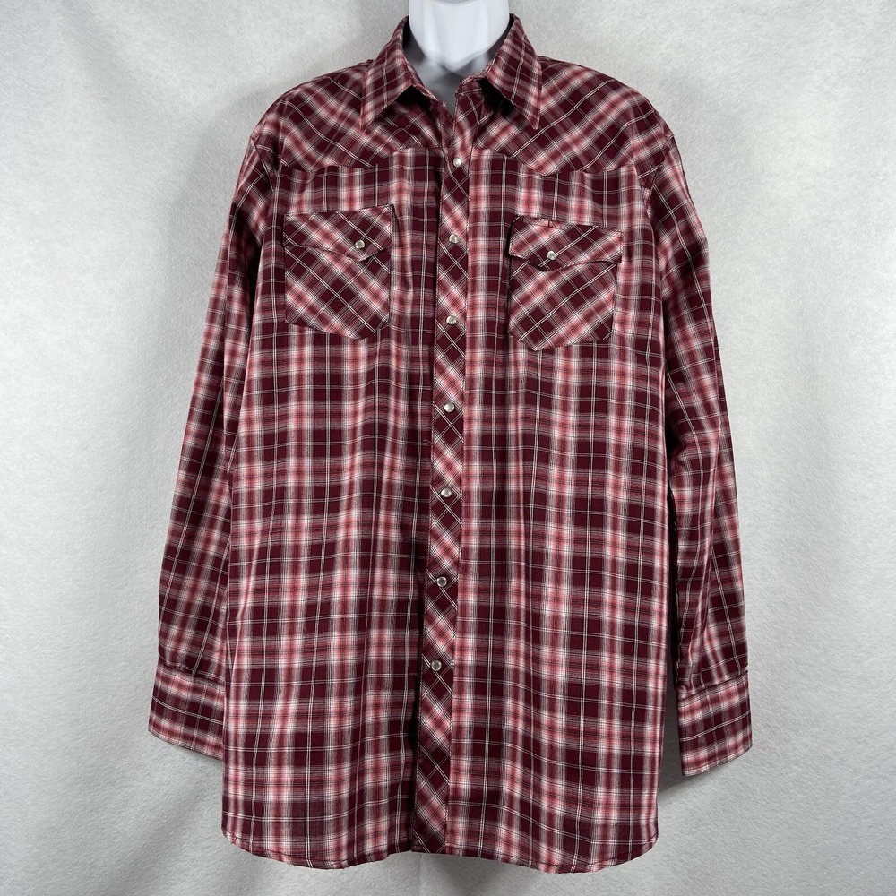 Wrangler Shirt Men's 2XT Burgundy Wrancher Long Sleeve Western Pearl Snap Plaid
